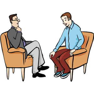 Comic von zwei Menschen, die sich auf Sesseln gegenübersitzen