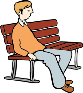 Ein Mann sitzt zusammengesunken auf einer Bank und starrt mit traurigem Gesicht  und zusammengekniffenen Lippen auf den Boden